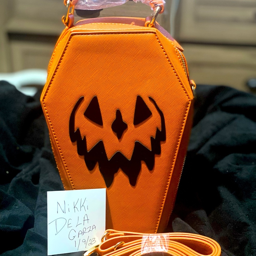 Lively Ghosts / Backstitch Bruja collab pumpkin Jack o lantern coffin bag purse
